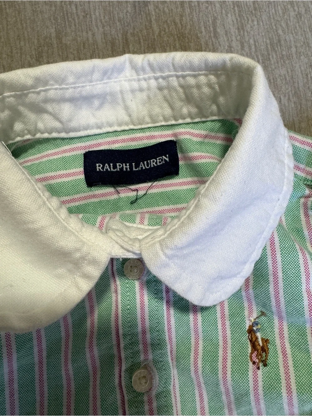 Ralph Lauren Toddler Green & Pink Striped Button Up Shirt White Collar Pony Logo